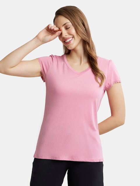 Jockey Micro Modal Cotton Relaxed Fit Solid V Neck Half Sleeve Tshirt-RX12