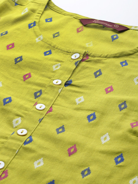 Sangria Women Lime Green & Blue Geometric Print Cotton Straight Kurta - Image 2