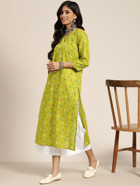 Sangria Women Lime Green & Blue Geometric Print Cotton Straight Kurta - Image 5