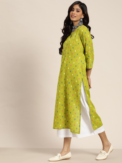 Sangria Women Lime Green & Blue Geometric Print Cotton Straight Kurta - Image 3