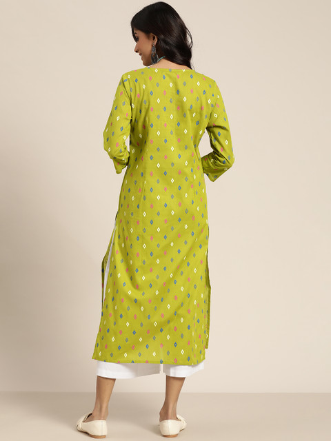Sangria Women Lime Green & Blue Geometric Print Cotton Straight Kurta - Image 4
