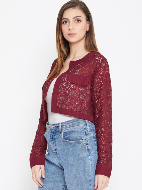 La Zoire Women Maroon Lace Open Front Crop Shrug - Image 4