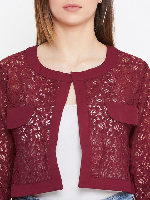 La Zoire Women Maroon Lace Open Front Crop Shrug - Image 2