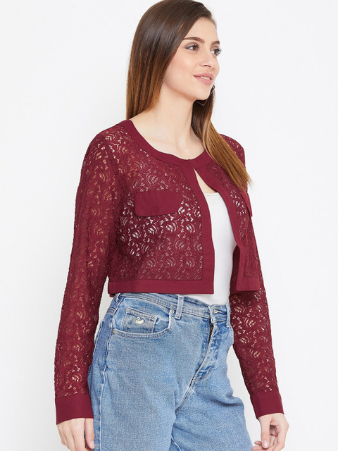 La Zoire Women Maroon Lace Open Front Crop Shrug - Image 3