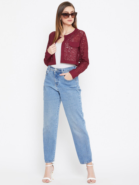 La Zoire Women Maroon Lace Open Front Crop Shrug - Image 6