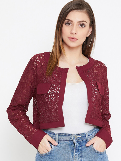 La Zoire Women Maroon Lace Open Front Crop Shrug