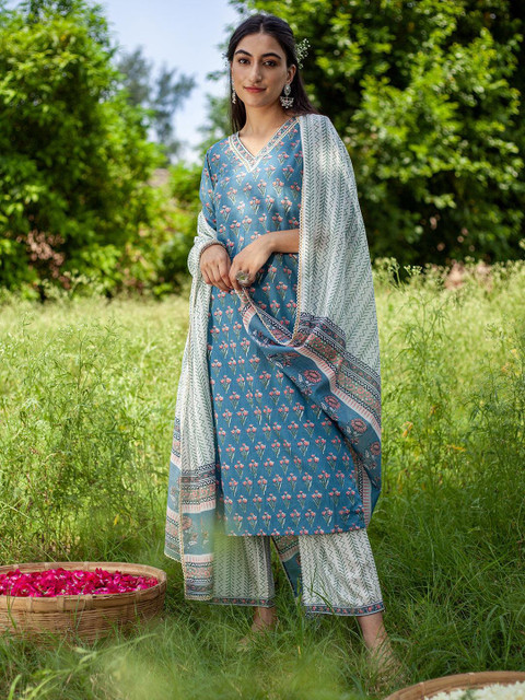 Libas Women Blue Pure Cotton Floral Print Gotta Patti Kurta with Palazzos & Dupatta