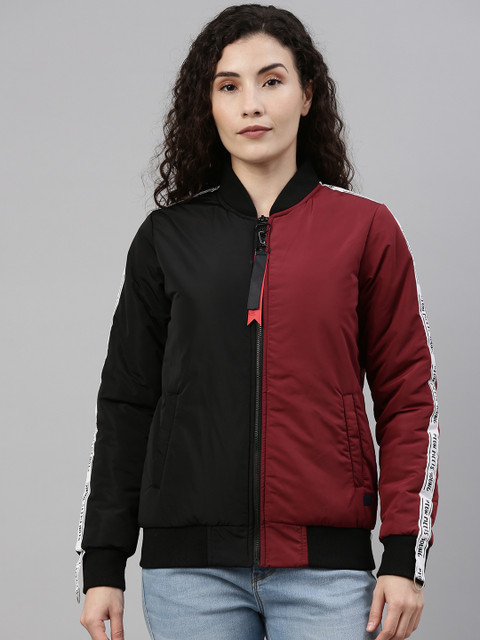 Campus Sutra Women Black& Maroon Colourblocked Windcheater Outdoor Bomber Jacket