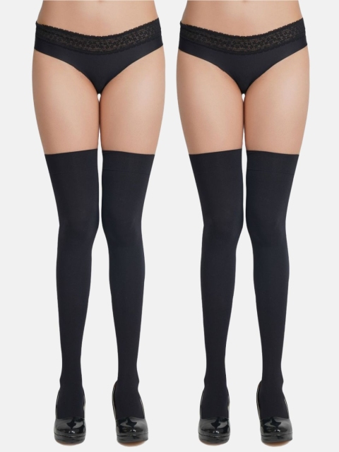 N2S NEXT2SKIN Women Pack Of 2 Black Solid Opaque Thigh-High Stockings