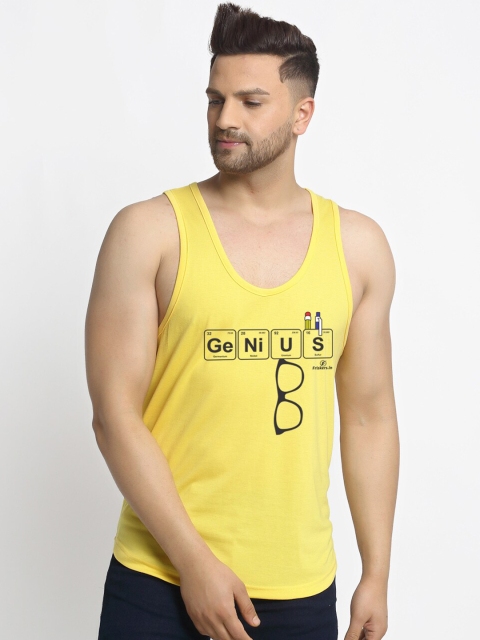 Friskers Men Yellow & Black Genius Printed Pure Cotton Apple Cut Innerwear Vest C212-06