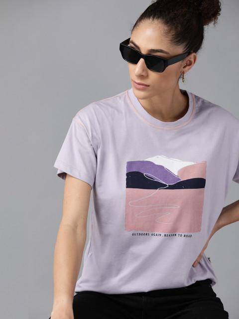 Roadster Women Lavender & Pink Printed Drop-Shoulder Sleeves Boxy Fit T-shirt
