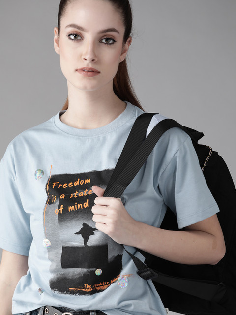 Roadster Women Blue & Black Printed T-shirt