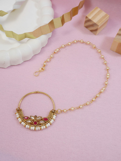 I Jewels Red & White Antique Gold-Plated Pearl Studded Beaded Chained Nose Ring