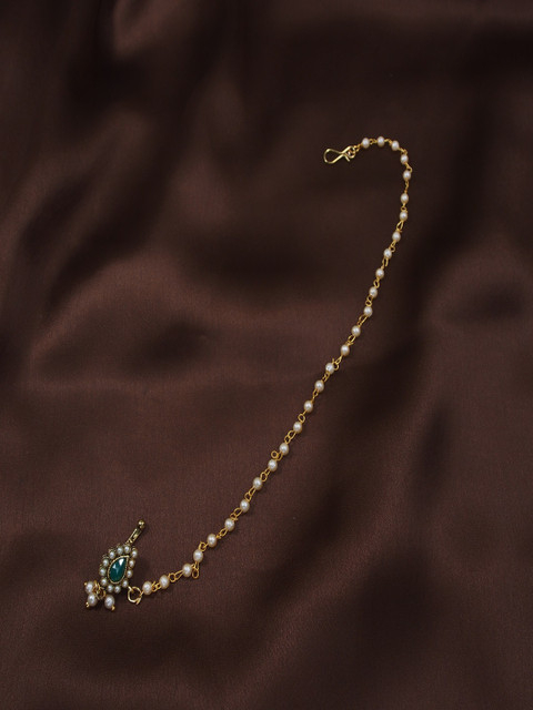 I Jewels Green & Off-White Gold-Plated Pearl Studded Beaded Chained Nosepin