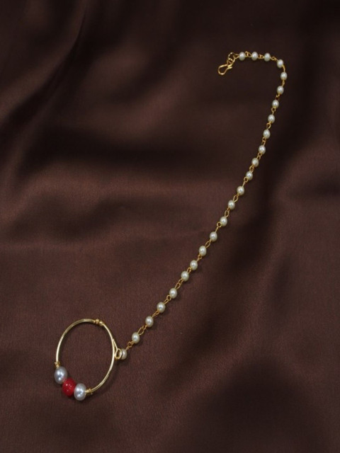 I Jewels Green & White Antique Gold-Plated Pearl Studded Beaded Chained Nose Ring