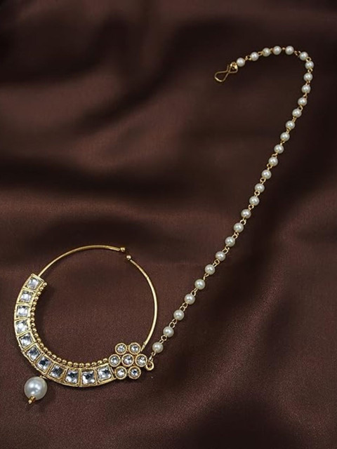 I Jewels Gold-Plated & White Pearl Studded & Beaded Chained Nose Ring