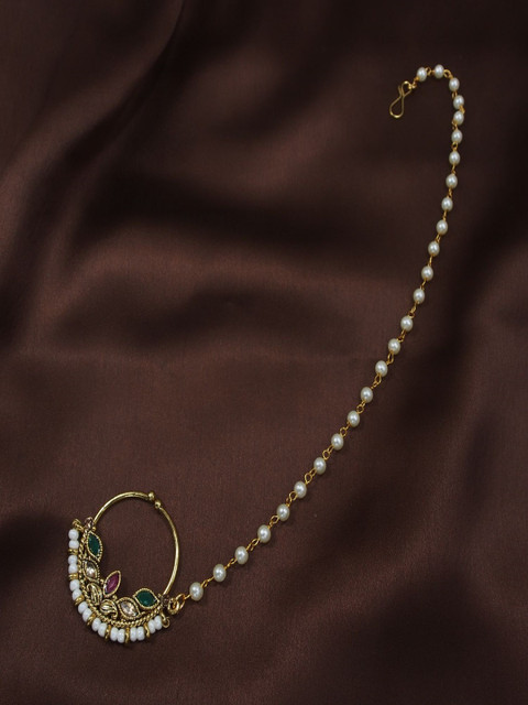 I Jewels Gold-Plated & Red Pearl Beaded Chained Nose Ring