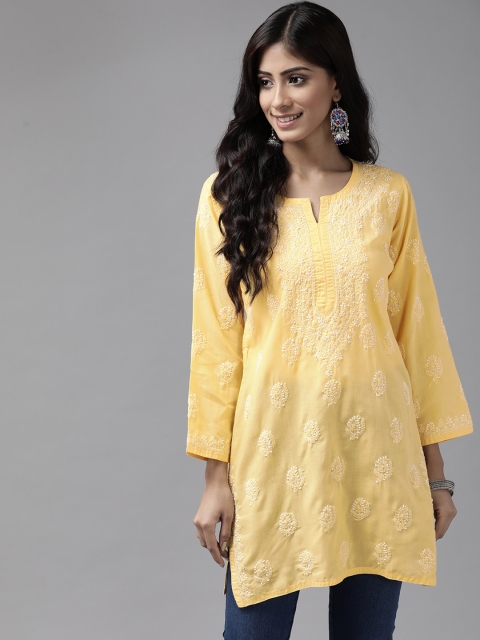 ADA Yellow & Off White Ethnic Motifs Chikankari Kurti