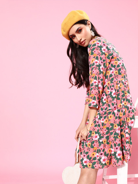 plusS Women Pretty Pink Floral Knee Length Dress