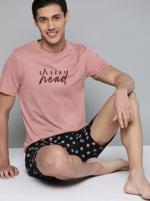 Mast & Harbour Men Pink & Black Printed Pure Cotton Night suit