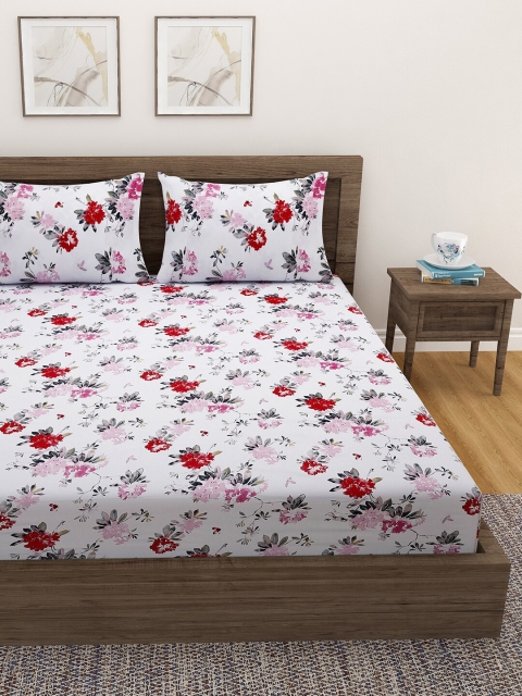 SWAYAM White & Red Floral 200 TC King Bedsheet with 2 Pillow Covers - Image 2