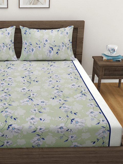 SWAYAM Sparkle Green Floral 144 TC King Fitted Bedsheet Set - Image 3