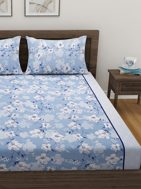 SWAYAM Sparkle Blue Floral 144 TC King Bedsheet Set - Image 2