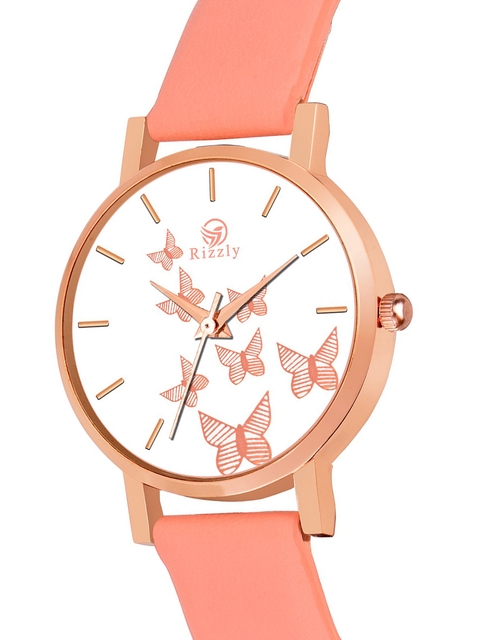 Rizzly Girls Peach Brass Printed Dial & Orange Leather Straps Analogue Watch