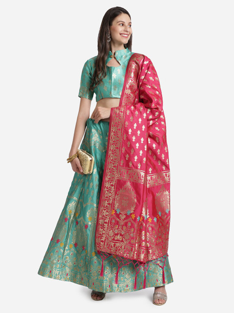 Mitera Teal & Pink Unstitched Lehenga & Blouse With Dupatta - Image 7