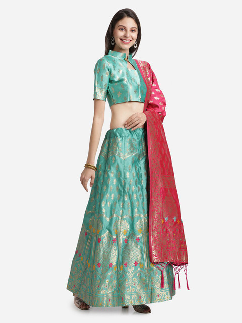 Mitera Teal & Pink Unstitched Lehenga & Blouse With Dupatta - Image 4