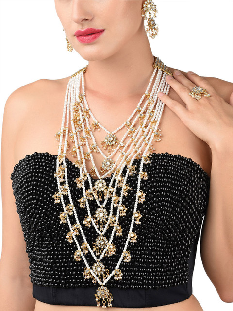 Zaveri Pearls Gold-Plated White Kundan-Studded & Pearl Beaded Jewellery Set
