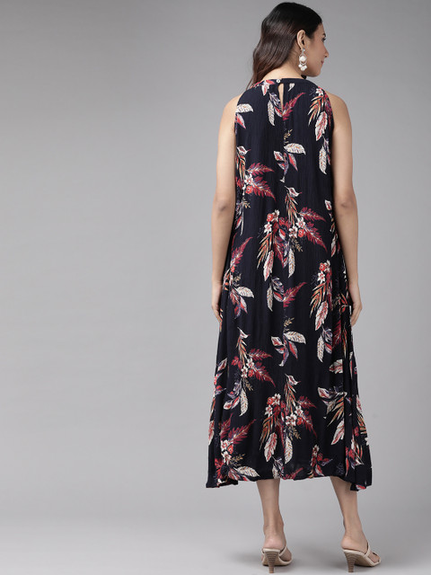 YASH GALLERY Women Navy Blue & Magenta Floral Print Maxi Dress - Image 4