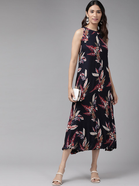 YASH GALLERY Women Navy Blue & Magenta Floral Print Maxi Dress - Image 5