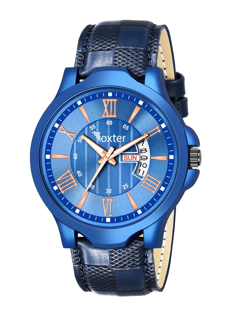Foxter Men Blue Brass Dial & Leather Straps Multi-Function Analogue Watch