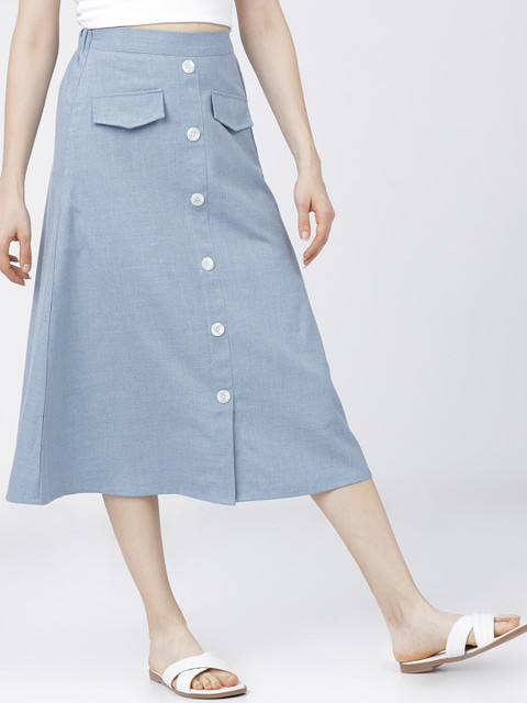 Tokyo Talkies Women Blue Solid Casual-Fit A-Line Midi Skirt - Image 2