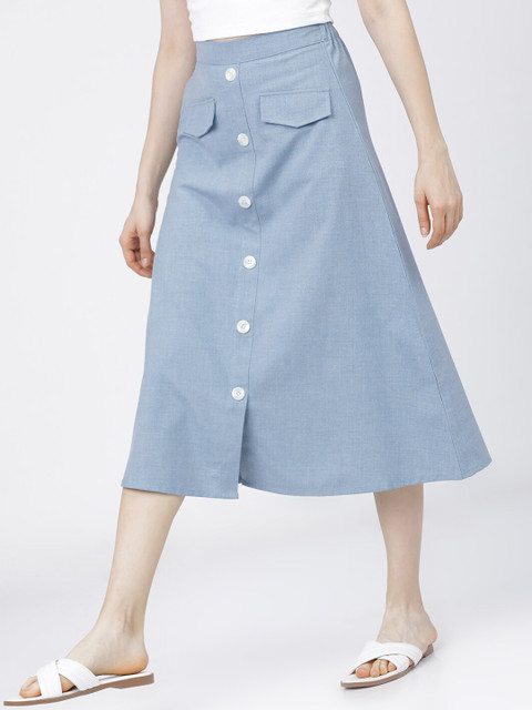 Tokyo Talkies Women Blue Solid Casual-Fit A-Line Midi Skirt - Image 3