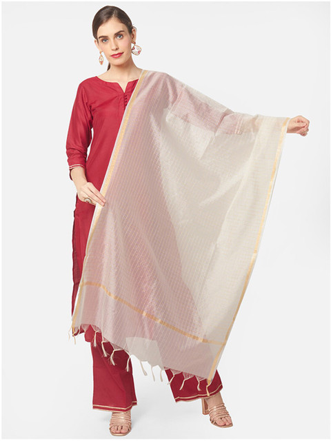 Dupatta Bazaar White & Gold-Toned Checked Dupatta