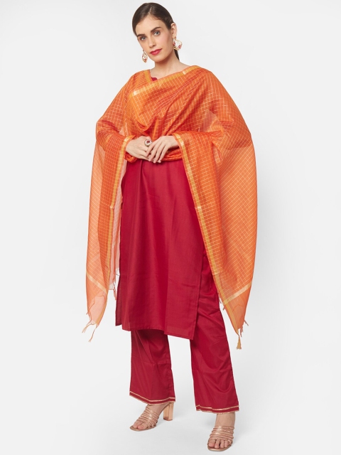 Dupatta Bazaar Orange & Gold-Toned Checked Dupatta - Image 6