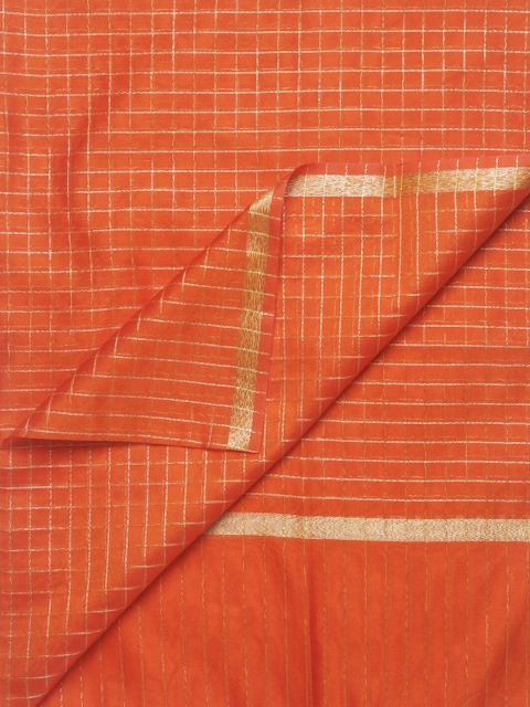Dupatta Bazaar Orange & Gold-Toned Checked Dupatta - Image 3