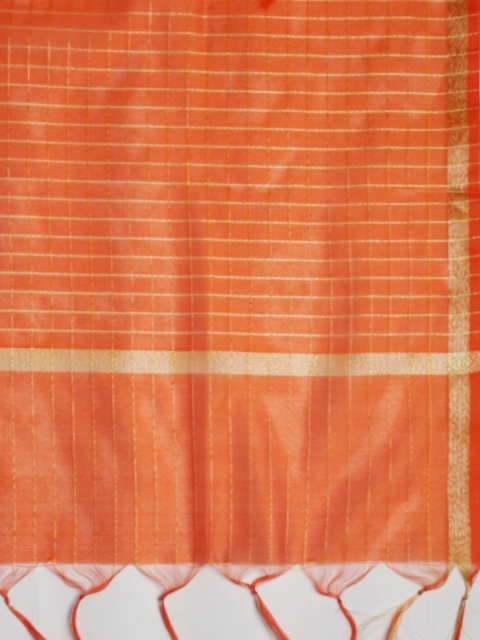Dupatta Bazaar Orange & Gold-Toned Checked Dupatta - Image 2
