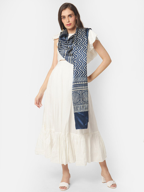 Dupatta Bazaar Navy Blue & White Printed Block Print Dupatta