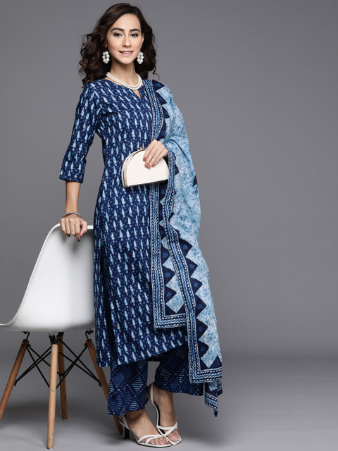 Libas Women Blue Printed Pure Cotton Kurta with Palazzos & Dupatta