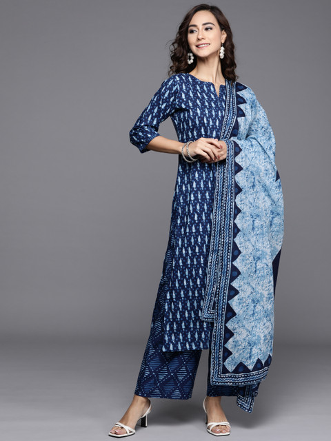 Libas Women Blue Printed Pure Cotton Kurta with Palazzos & Dupatta - Image 5