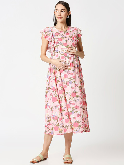 AV2 Pink Floral Printed Maternity Midi Dress