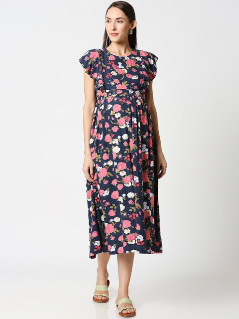AV2 Navy Blue Floral Printed Maternity Midi Dress