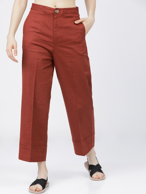 Tokyo Talkies Women Rust Straight Fit High-Rise Trousers