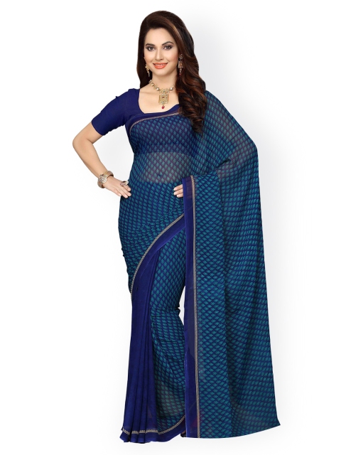 ISHIN Navy & Green Poly Georgette Printed Saree