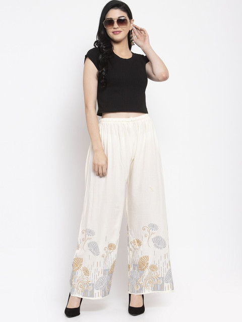 Clora Creation Women Pack Of 2 White & Gold-Toned Floral Printed Knitted Ethnic Palazzos - Image 6
