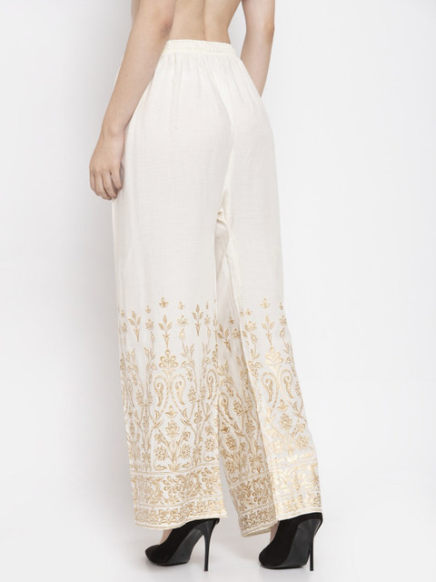 Clora Creation Women Pack Of 2 White & Gold-Toned Floral Printed Knitted Ethnic Palazzos - Image 4