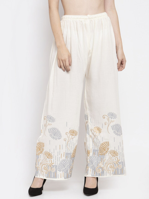 Clora Creation Women Pack Of 2 White & Gold-Toned Floral Printed Knitted Ethnic Palazzos - Image 3